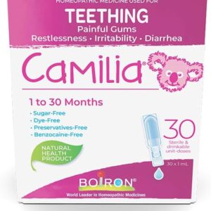 Boiron Camilia Baby Teething Medicine, 30 unit-doses. Camilia used for pain, restlessness, irritability and diarrhea due to teething. Benzocaine-Free and Preservative-Free ,No Sugar, No Dye. 1 to 30 months Day and night use