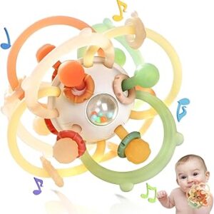 Baby Sensory Teething Toys, Baby Montessori Teether Toys for 0 3 6 9 12 18 Months, Silicone Tummy Time Toy with Rattle Ball for Newborn Infant, Learning Delopmental Gift for Boys Girls, Brown