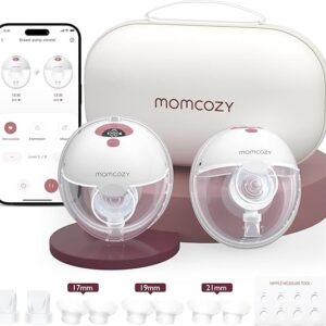 Momcozy M5 Smart App Control Hands Free Breast Pump, Double Wearable Breast Pump of Baby Mouth Double-Sealed Flange with 3 Modes & 9 Levels, Electric Pump Portable - 24mm, 2 Pack, Cozy Red