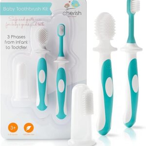 Cherish Baby Care Toothbrush Set (3-24 Months) - 3-Pack Finger, Training & Toddler Toothbrushes, BPA-Free, Newborn Essentials