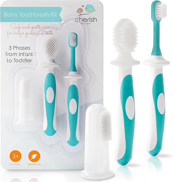 Cherish Baby Care Toothbrush Set (3-24 Months) - 3-Pack Finger, Training & Toddler Toothbrushes, BPA-Free, Newborn Essentials