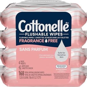 Cottonelle Fragrance Free Flushable Wet Wipes, Adult Wet Wipes, 4 Flip-Top Packs, 42 Wipes Per Pack (168 Total Flushable Wipes)
