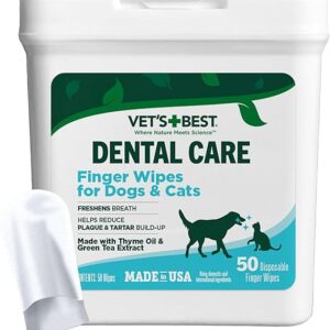 Vet's Best Dental Care Finger Wipes | Reduces Plaque & Freshens Breath | Teeth Cleaning Finger Wipes for Dogs & Cats | 50 Disposable Wipes