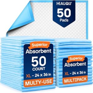 Disposable Underpads - 24x36 Pack of 50 - Absorbent Incontinence Bed Pads for Adults, Kids, Elderly, and Pets - Fluid and Urine Bed Protection - Large, Thick, Fluff and Polymer Chux