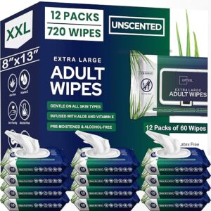 Adult Wipes For Elderly - 8"x13" 720ct (12 Packs of 60) Huge & Soft Non-Flushable Body Wipes for Adults Bathing No-Rinse - Incontinence Disposable Washcloths, Vitamin E & Aloe Infused