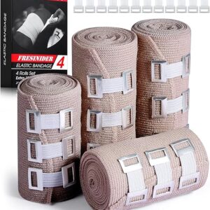 FRESINIDER Elastic Bandage Wrap 4 Pack(2 X 3" + 2 X 4" Wide Rolls) + 24 Clips | Stretch Compression Bandage Stretches up to 15ft | Ideal for Medical, Sports, Sprains, Calf, Ankle & Foot