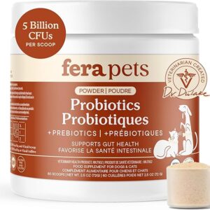Fera Pets Probiotics for Dogs & Cats with Prebiotics - USDA Organic - Gut Health Powder Supplement with 12 Strains and 5 Billion CFUs - Supports Immunity, Energy and Skin & Coat - 60 Scoops